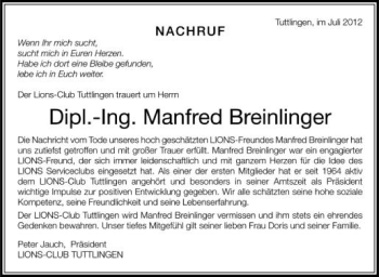 Anzeige von Manfred Breinlinger von Schwäbische Zeitung