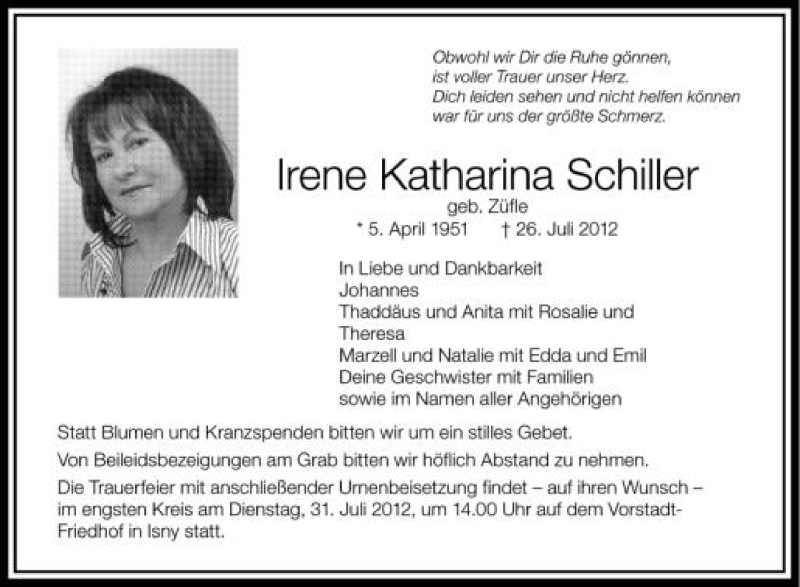  Traueranzeige für Irene Katharina Schiller vom 30.07.2012 aus Schwäbische Zeitung