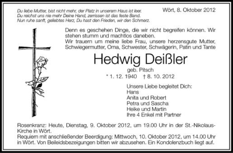 Traueranzeige für Hedwig Deißler vom 09.10.2012 aus Schwäbische Zeitung