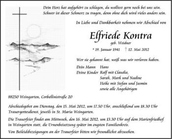 Anzeige von Elfriede Kontra von Schwäbische Zeitung