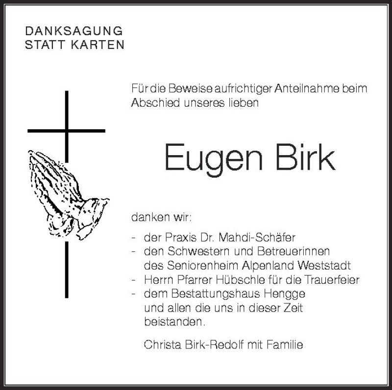  Traueranzeige für Eugen Birk vom 26.04.2012 aus Schwäbische Zeitung