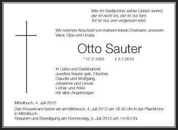 Anzeige von Otto Sauter von Schwäbische Zeitung