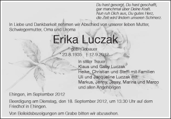 Anzeige von Erika Luczak von Schwäbische Zeitung