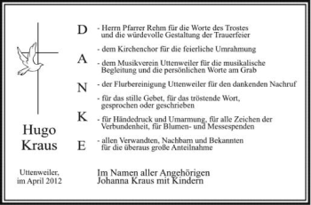 Anzeige von Hugo Kraus von Schwäbische Zeitung