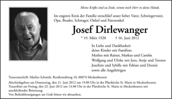 Anzeige von Josef Dirlewanger von Schwäbische Zeitung