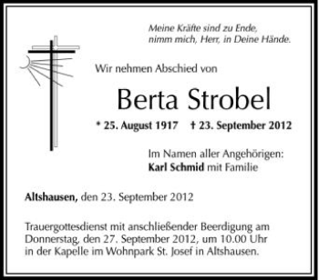 Anzeige von Berta Strobel von Schwäbische Zeitung