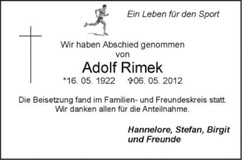 Anzeige von Adolf Rimek von Schwäbische Zeitung