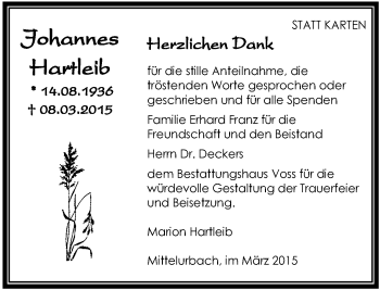 Anzeige von Johannes Hartlieb von Schwäbische Zeitung