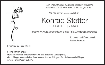 Anzeige von Konrad Stetter von Schwäbische Zeitung