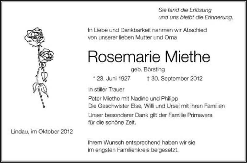  Traueranzeige für Rosemarie Miethe vom 09.10.2012 aus Schwäbische Zeitung