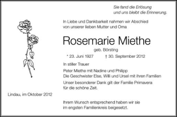 Anzeige von Rosemarie Miethe von Schwäbische Zeitung