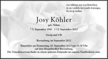Anzeige von Josy Köhler von Schwäbische Zeitung
