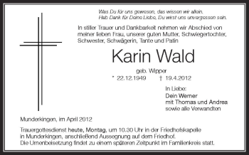 Anzeige von Karin Wald von Schwäbische Zeitung