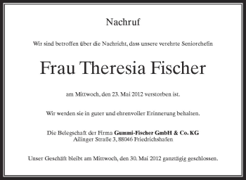 Anzeige von Theresia Fischer von Schwäbische Zeitung