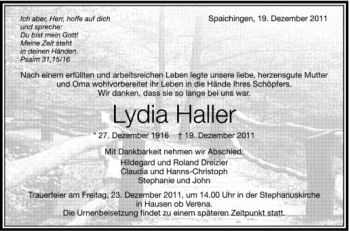 Anzeige von Lydia Haller von Schwäbische Zeitung