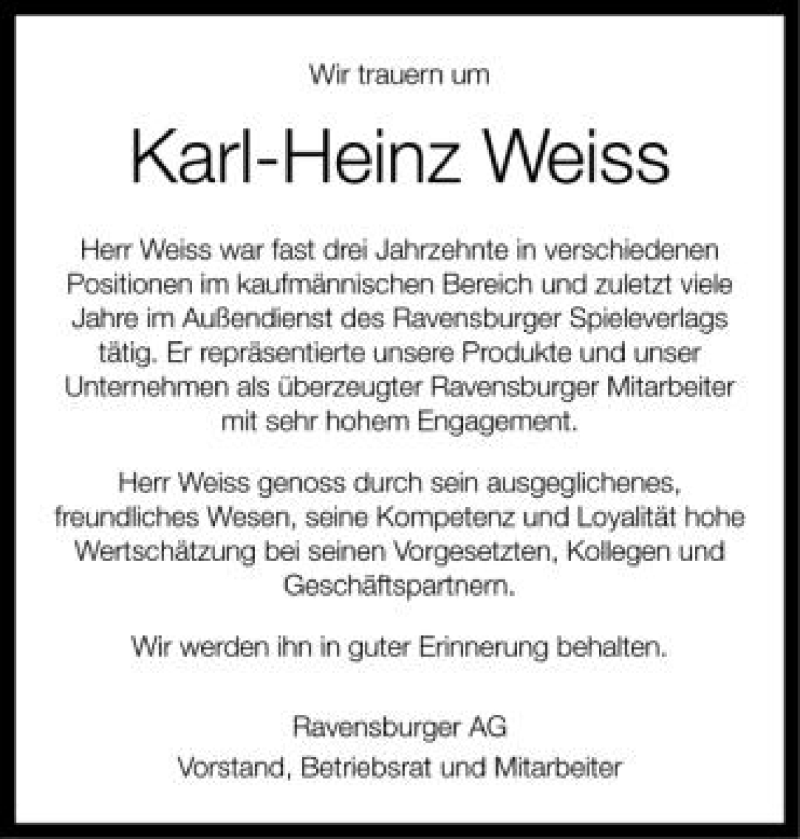  Traueranzeige für Karl-Heinz Weiss vom 04.05.2012 aus Schwäbische Zeitung