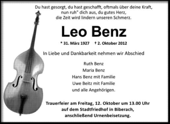 Anzeige von Leo Benz von Schwäbische Zeitung