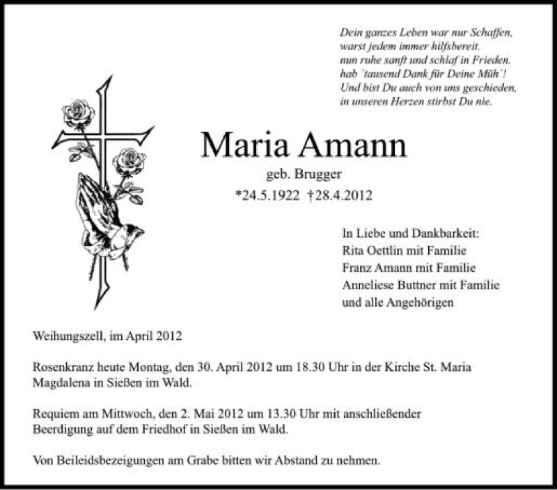  Traueranzeige für Maria Amann vom 30.04.2012 aus Schwäbische Zeitung