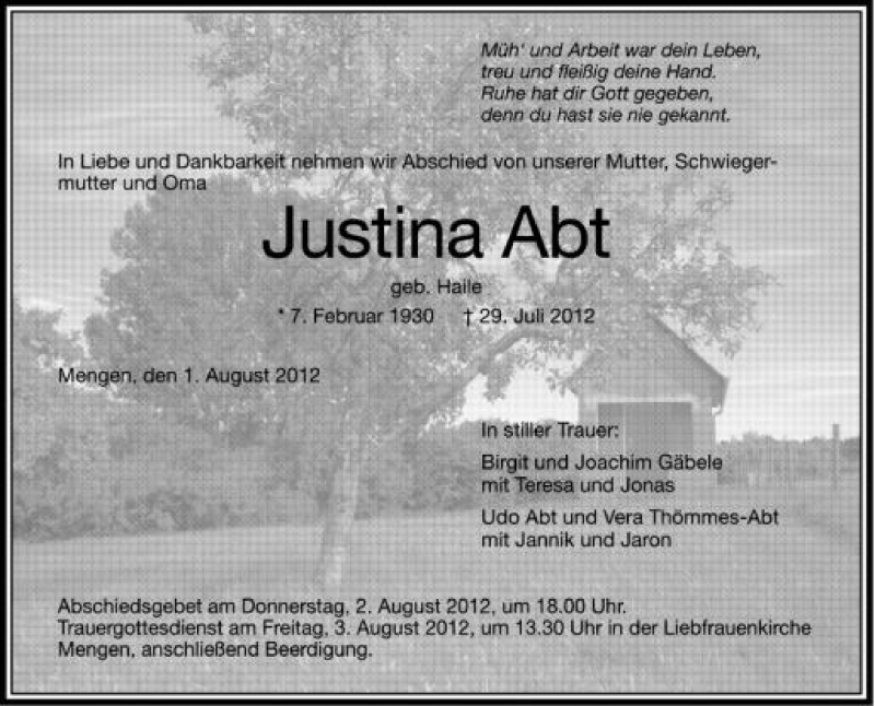  Traueranzeige für Justina Abt vom 01.08.2012 aus Schwäbische Zeitung