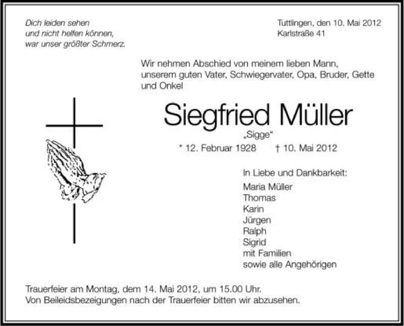  Traueranzeige für Siegfried Müller vom 12.05.2012 aus Schwäbische Zeitung