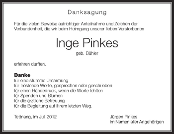 Anzeige von Inge Pinkes von Schwäbische Zeitung
