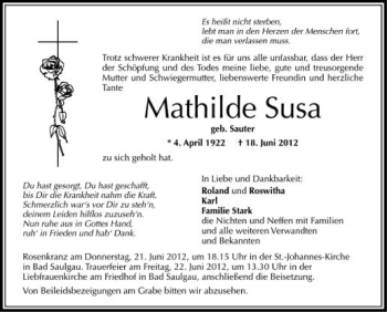 Anzeige von Mathilde Susa von Schwäbische Zeitung