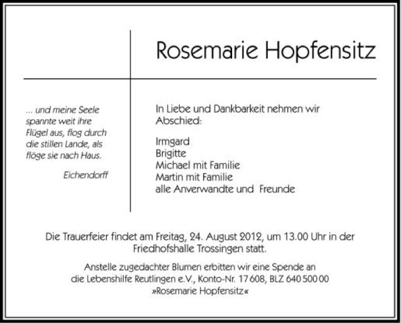  Traueranzeige für Rosemarie Hopfensitz vom 23.08.2012 aus Schwäbische Zeitung