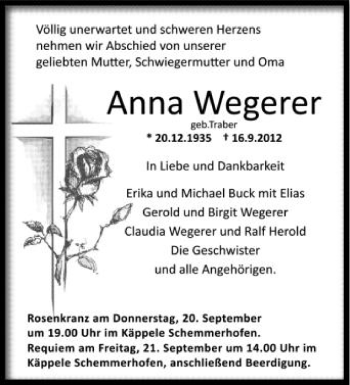 Anzeige von Anna Wegerer von Schwäbische Zeitung