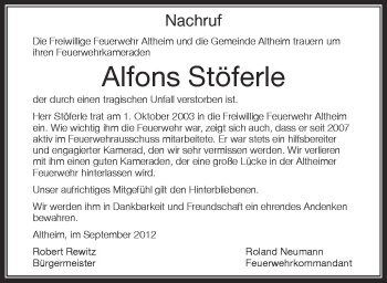 Anzeige von Alfons Stöferle von Schwäbische Zeitung
