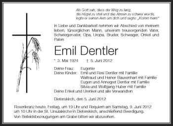 Anzeige von Emil Dentler von Schwäbische Zeitung