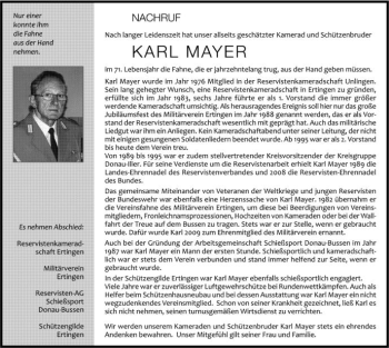 Anzeige von Karl Mayer von Schwäbische Zeitung