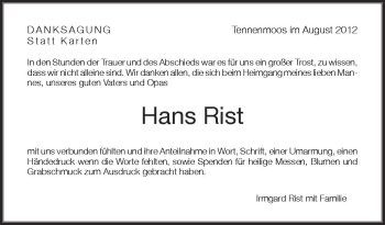 Anzeige von Hans Rist von Schwäbische Zeitung