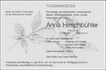 Anzeige von Anna Hirschbühler von Schwäbische Zeitung