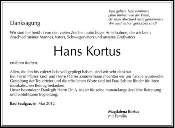 Anzeige von Hans Kortus von Schwäbische Zeitung