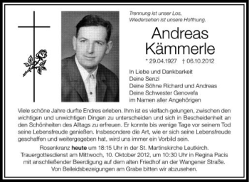 Anzeige von Andreas Kämmerle von Schwäbische Zeitung