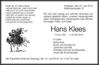 Anzeige von Hans Klees von Schwäbische Zeitung