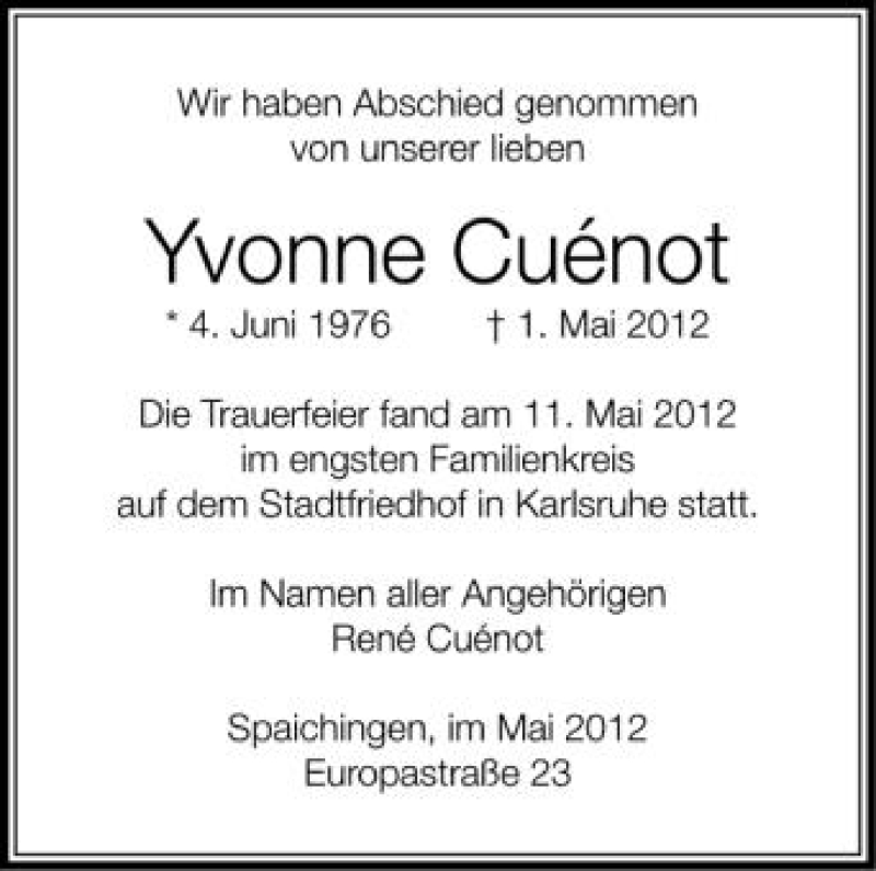  Traueranzeige für Yvonne Cuénot vom 16.05.2012 aus Schwäbische Zeitung