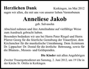 Anzeige von Anneliese Jakob von Schwäbische Zeitung