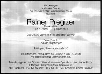 Anzeige von Rainer Pregizer von Schwäbische Zeitung