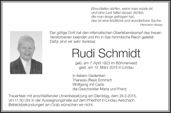 Anzeige von Rudi Schmidt von Schwäbische Zeitung