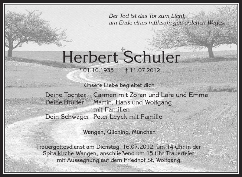  Traueranzeige für Herbert Schuler vom 14.07.2012 aus Schwäbische Zeitung