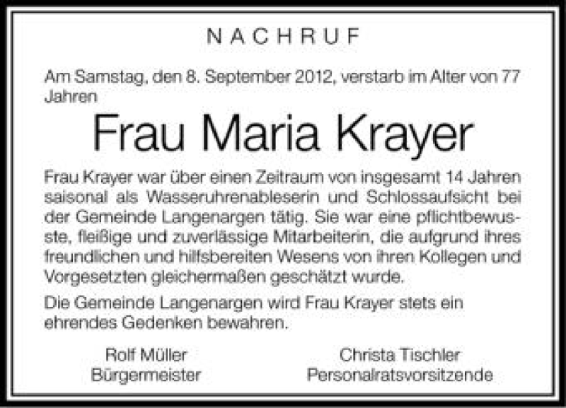  Traueranzeige für Maria Krayer vom 14.09.2012 aus Schwäbische Zeitung