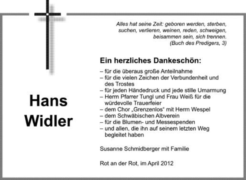  Traueranzeige für Hans Widler vom 21.04.2012 aus Schwäbische Zeitung