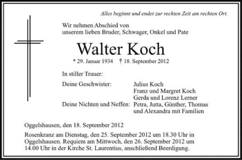  Traueranzeige für Walter Koch vom 24.09.2012 aus Schwäbische Zeitung