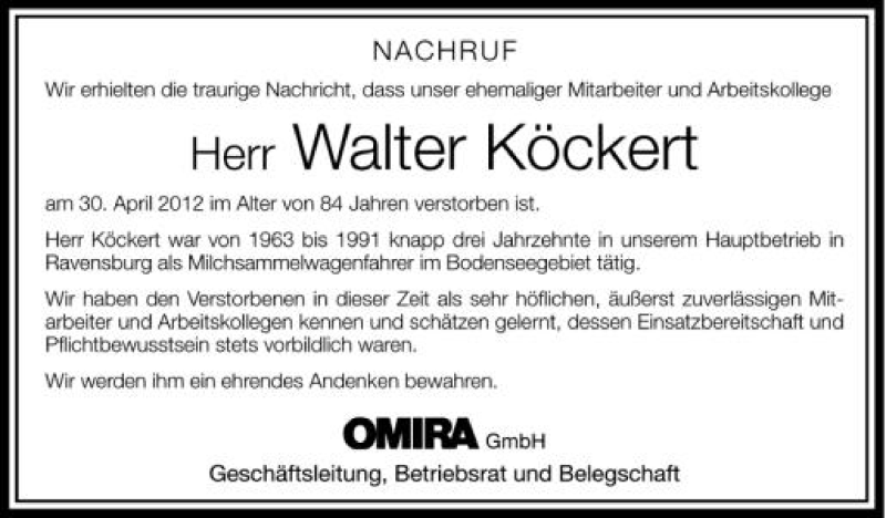  Traueranzeige für Walter Köckert vom 04.05.2012 aus Schwäbische Zeitung