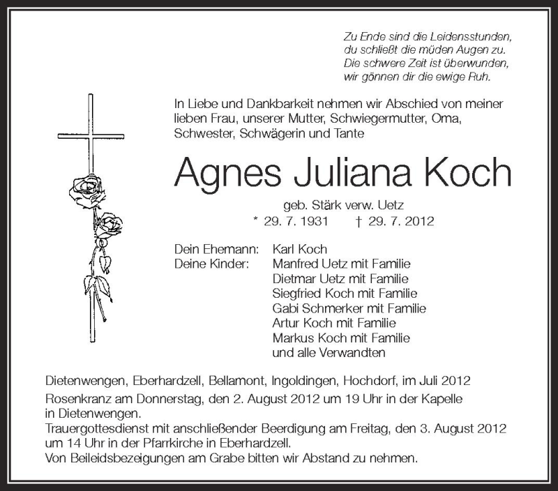  Traueranzeige für Agnes Juliana Koch vom 01.08.2012 aus Schwäbische Zeitung