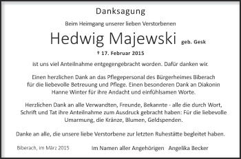 Anzeige von Hedwig Majewski von Schwäbische Zeitung
