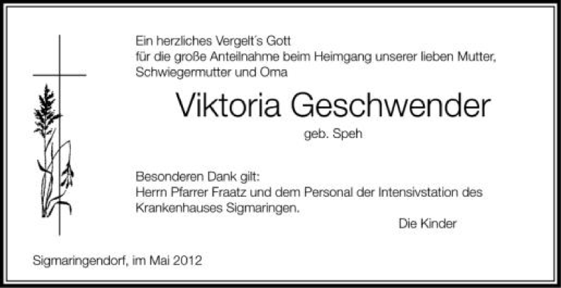  Traueranzeige für Viktoria Geschwender vom 03.05.2012 aus Schwäbische Zeitung