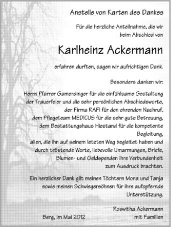 Anzeige von Karlheinz Ackermann von Schwäbische Zeitung