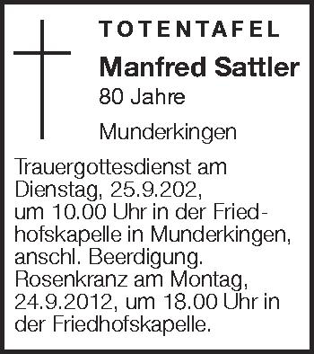Anzeige von Manfred Sattler von Schwäbische Zeitung